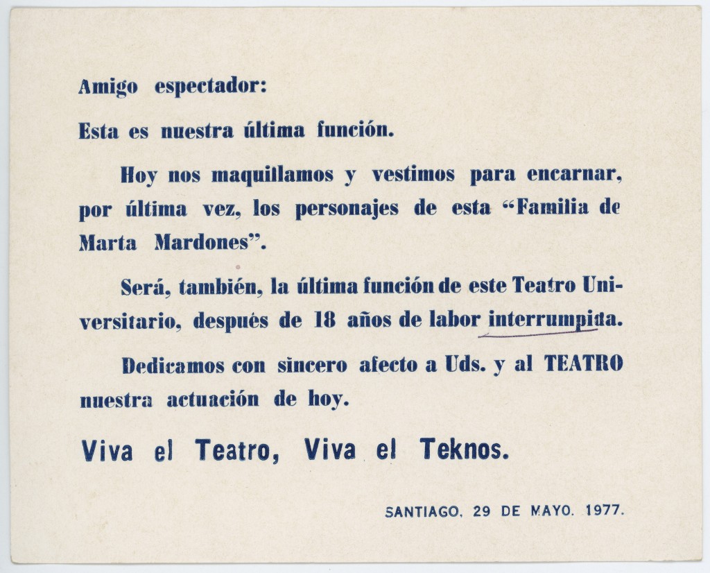 Tarjeta de despedida. Última función del Teatro Teknos. 1977. Donación de Juan Quezada.
